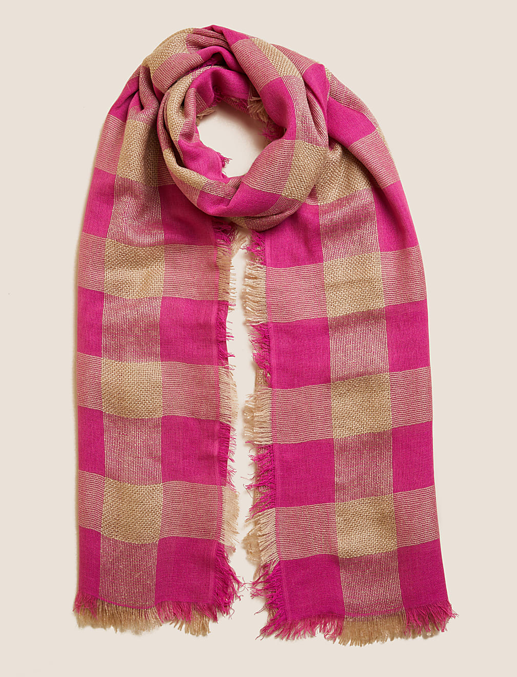 Checked Fringed Scarf with Wool