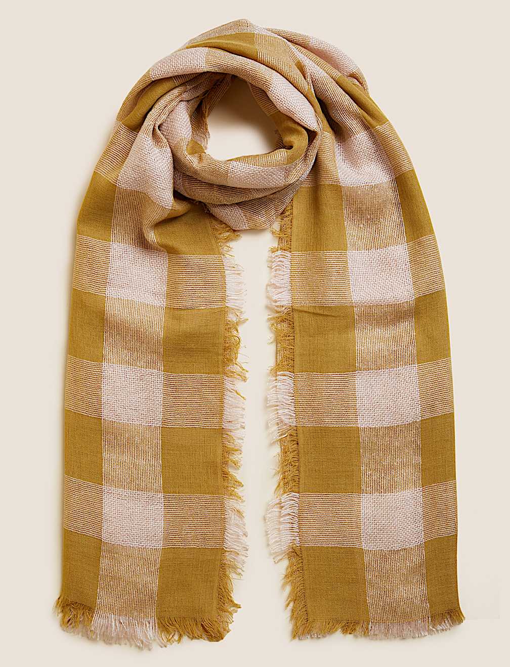 Checked Fringed Scarf with Wool