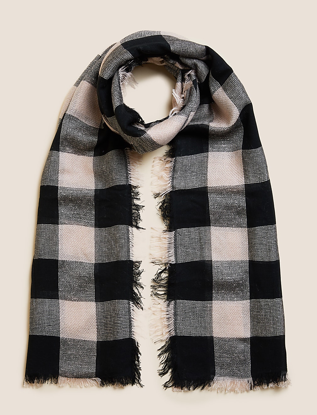 Checked Fringed Scarf with Wool
