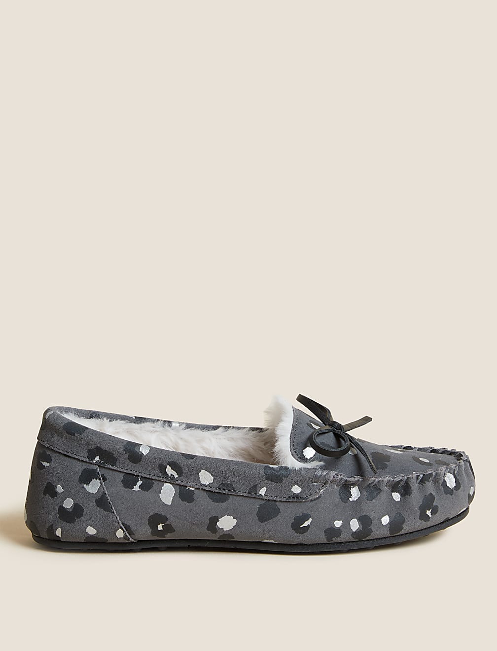 Suede Leopard Print Bow Moccasin Slippers