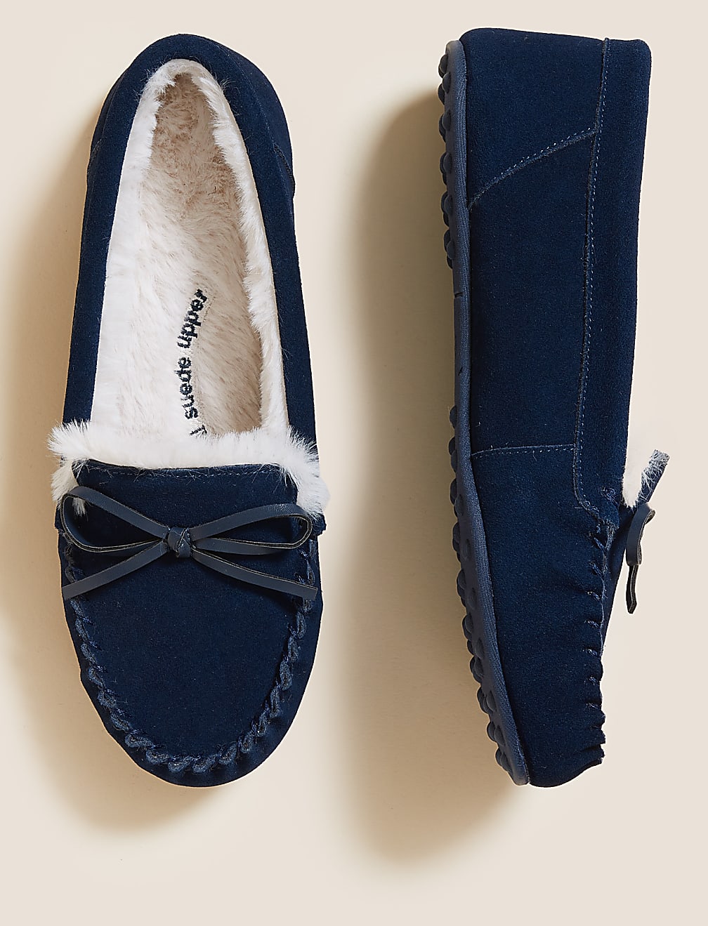 Suede Bow Faux Fur Lined Moccasin Slippers