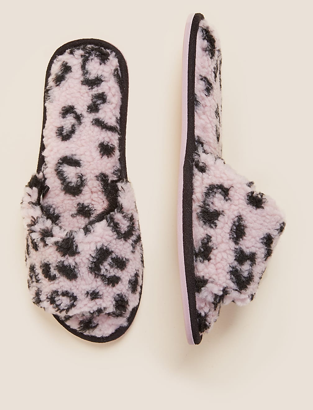 Borg Leopard Print Open Toe Mule Slippers