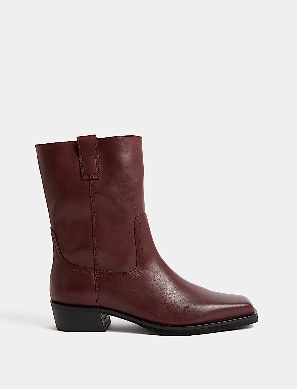 Leather Block Heel Chisel Toe Ankle Boots