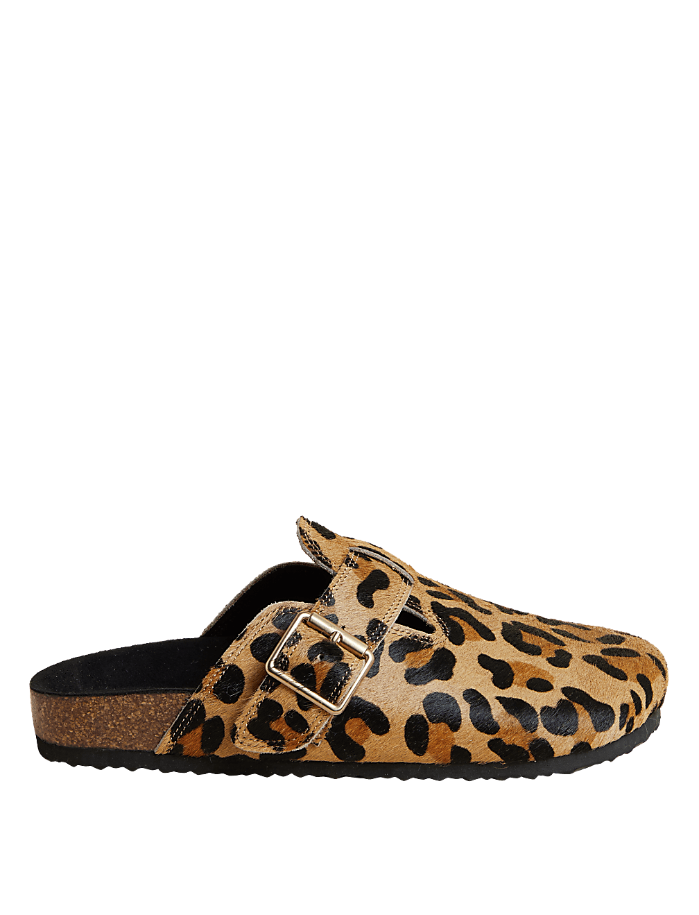 Leather Leopard Print Buckle Clog Mules