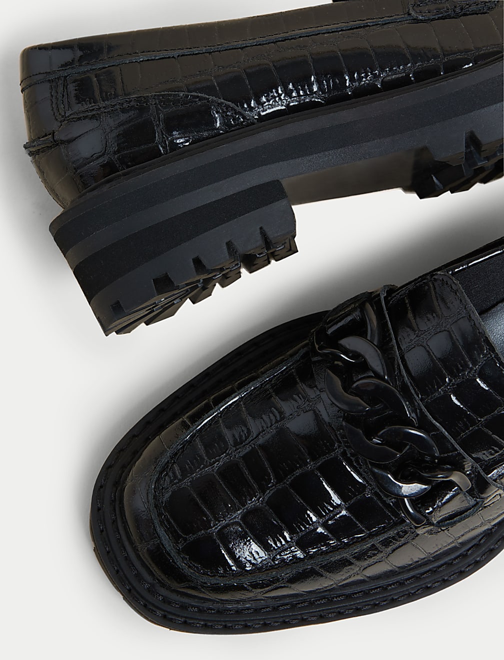 Leather Croc Block Heel Square Toe Loafers