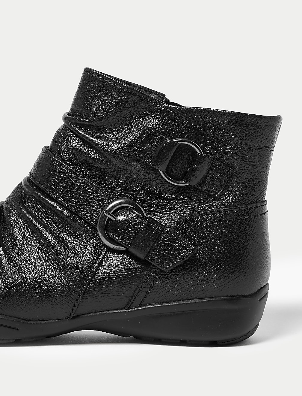 Wide Fit Leather Buckle Ruched Ankle Boots