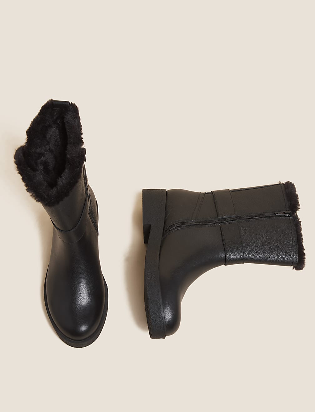 Wide Fit Leather Faux Fur Trim Ankle Boots