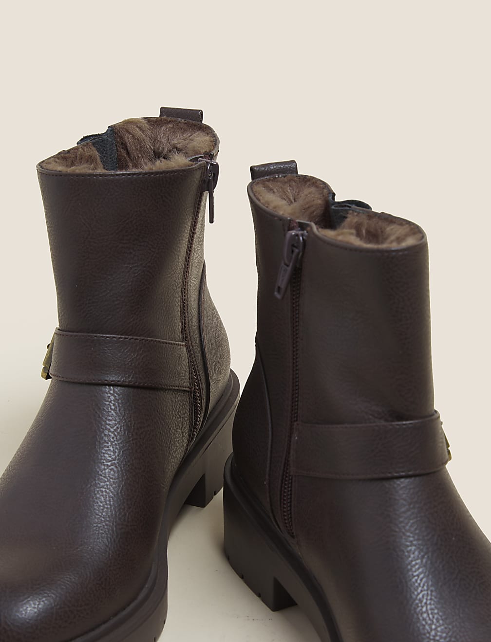 Biker Faux Fur Buckle Ankle Boots