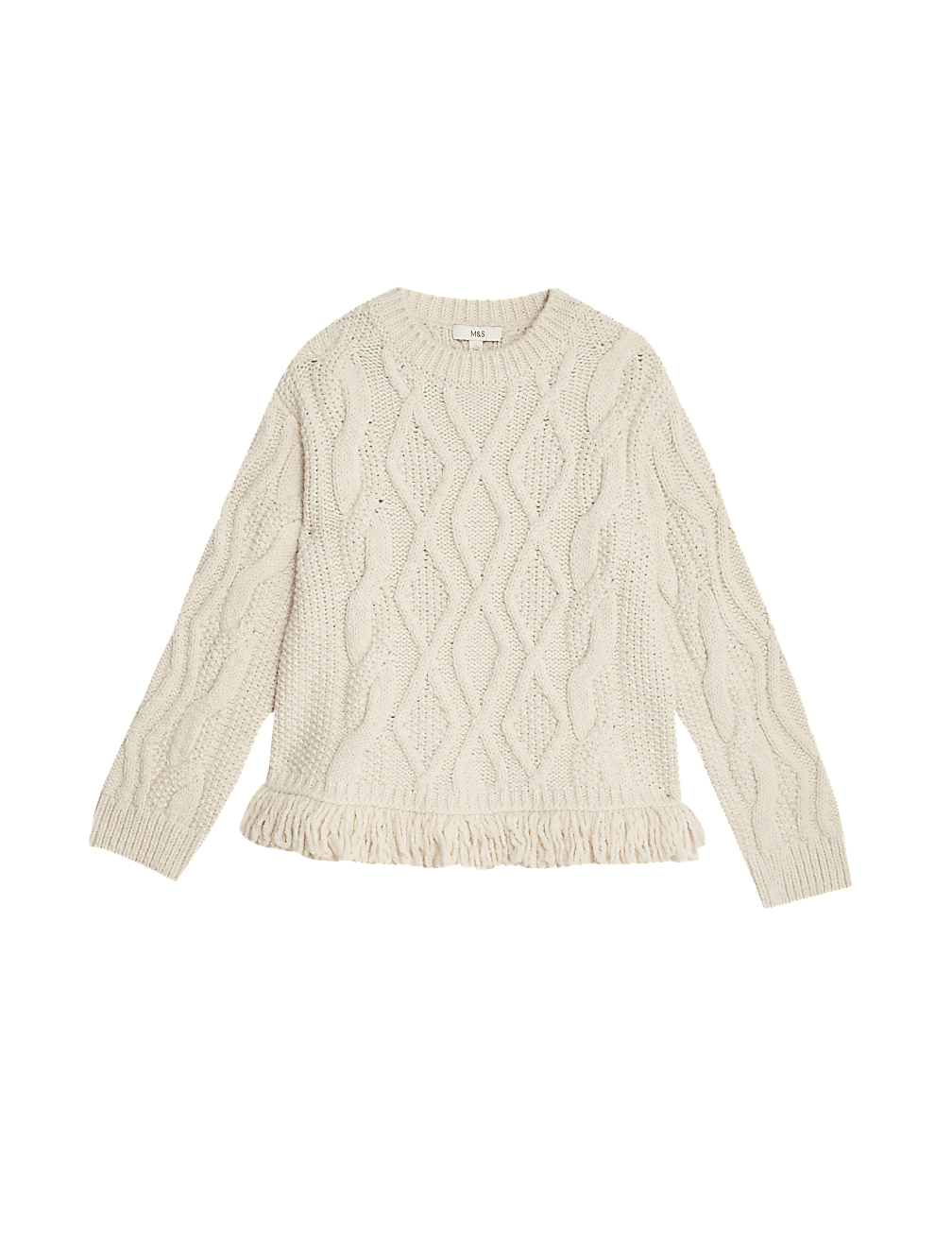 Crew Neck Cable Knit Fringe Jumper