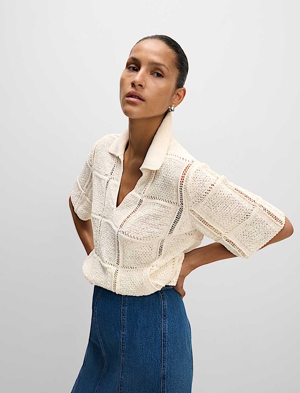 Cotton Blend Openstitch Collared Knitted Top