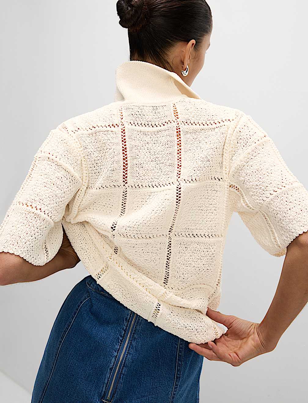 Cotton Blend Openstitch Collared Knitted Top