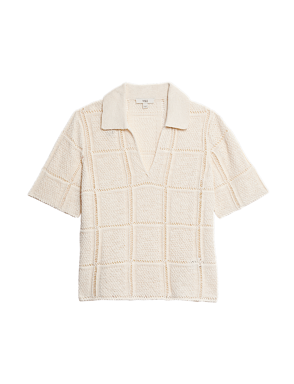 Cotton Blend Openstitch Collared Knitted Top
