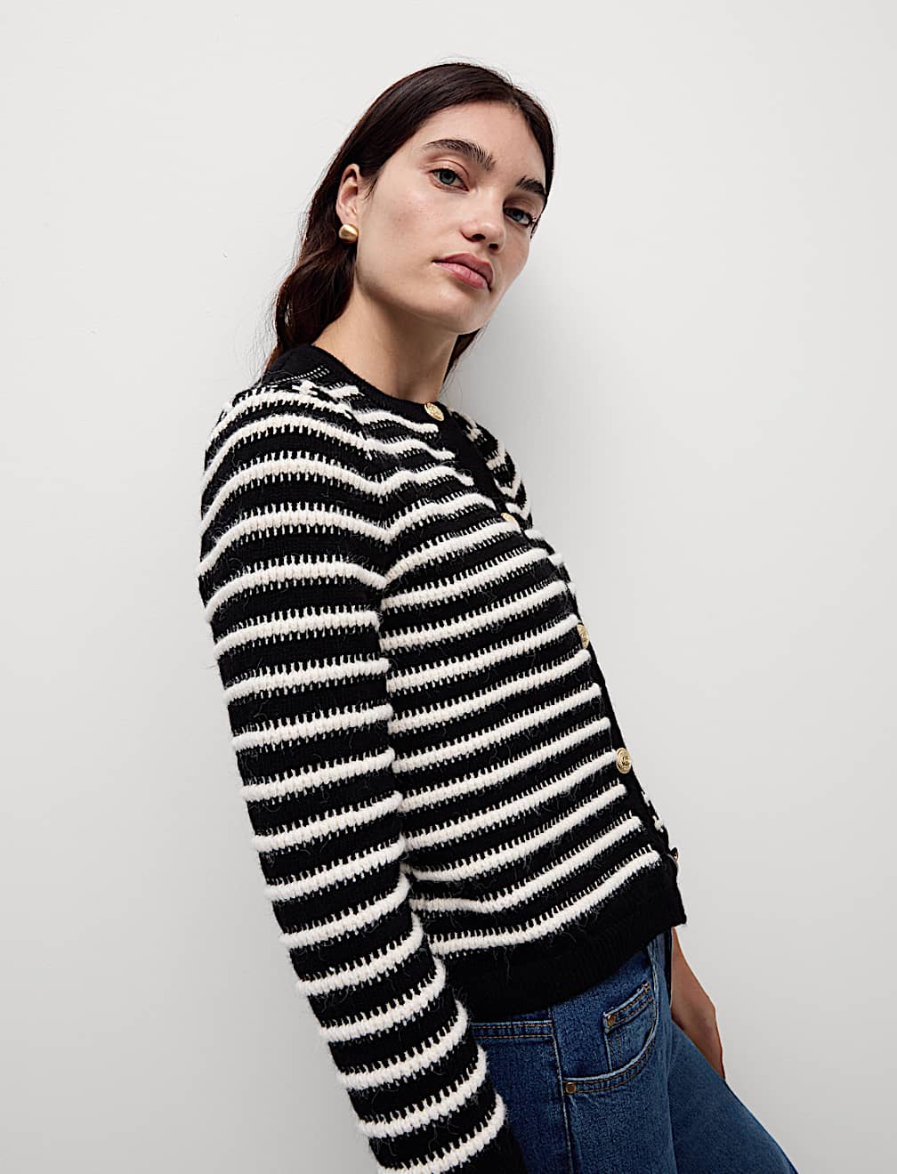 Striped Crew Neck Button Front Cardigan