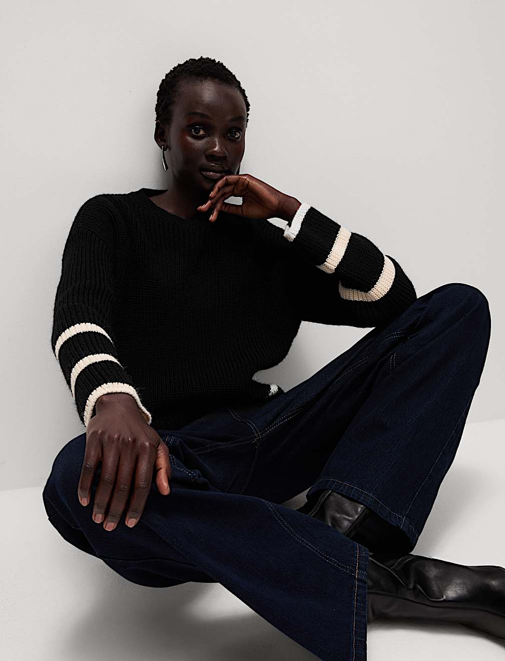 Striped Ribbed Button Detail Relaxed Jumper