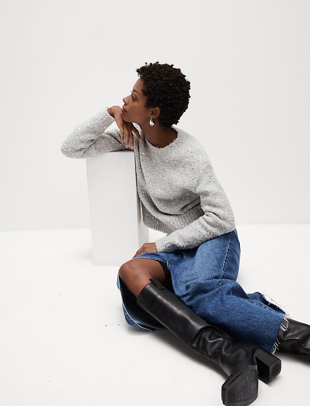 Bouclé Sequin Crew Neck Jumper with Wool