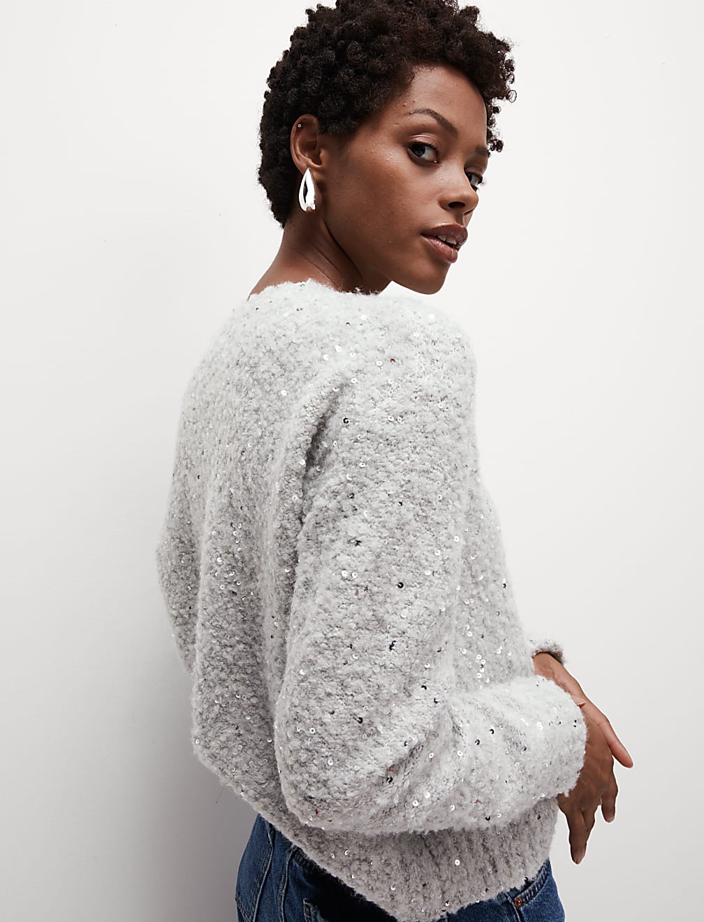 Bouclé Sequin Crew Neck Jumper with Wool
