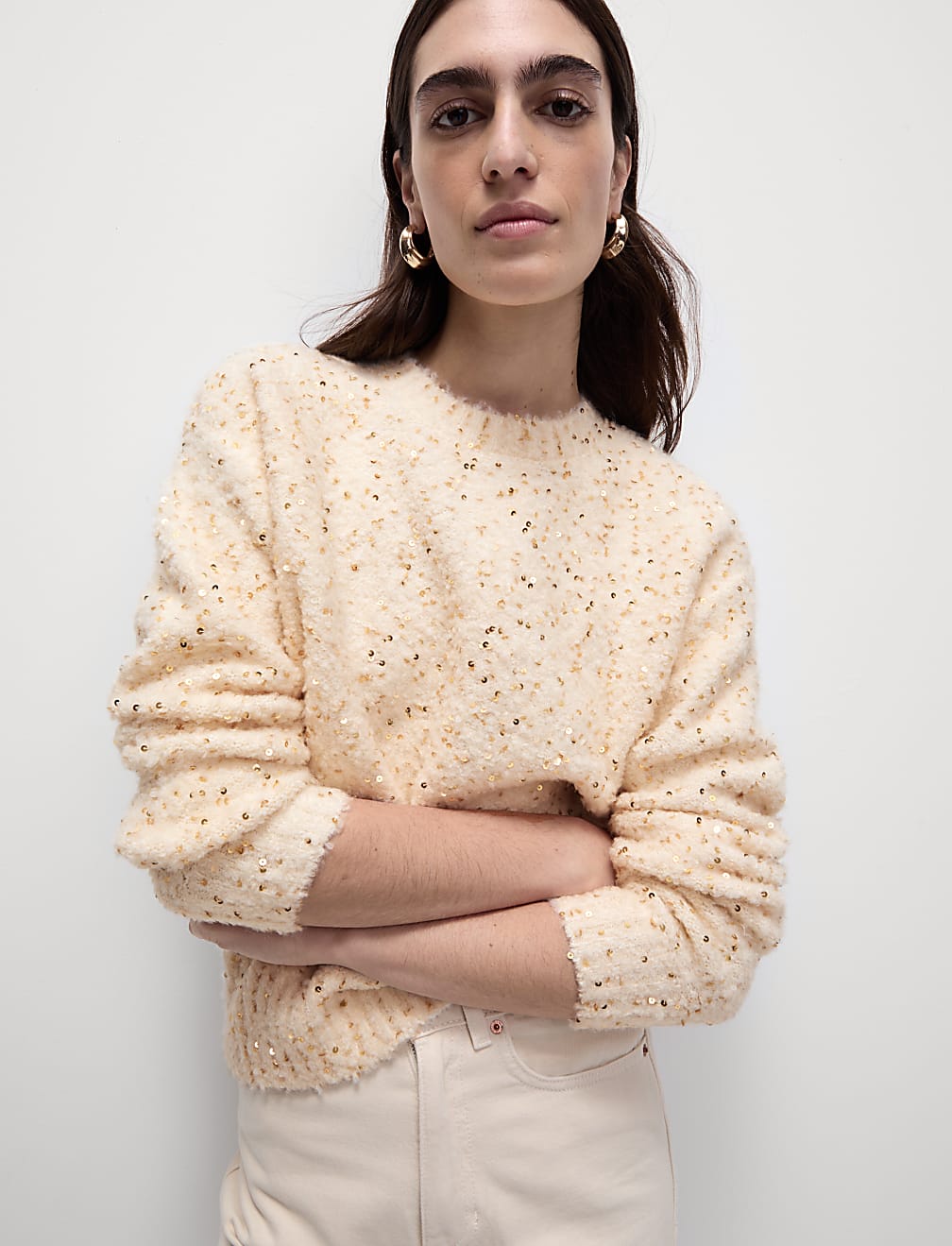 Bouclé Sequin Crew Neck Jumper with Wool