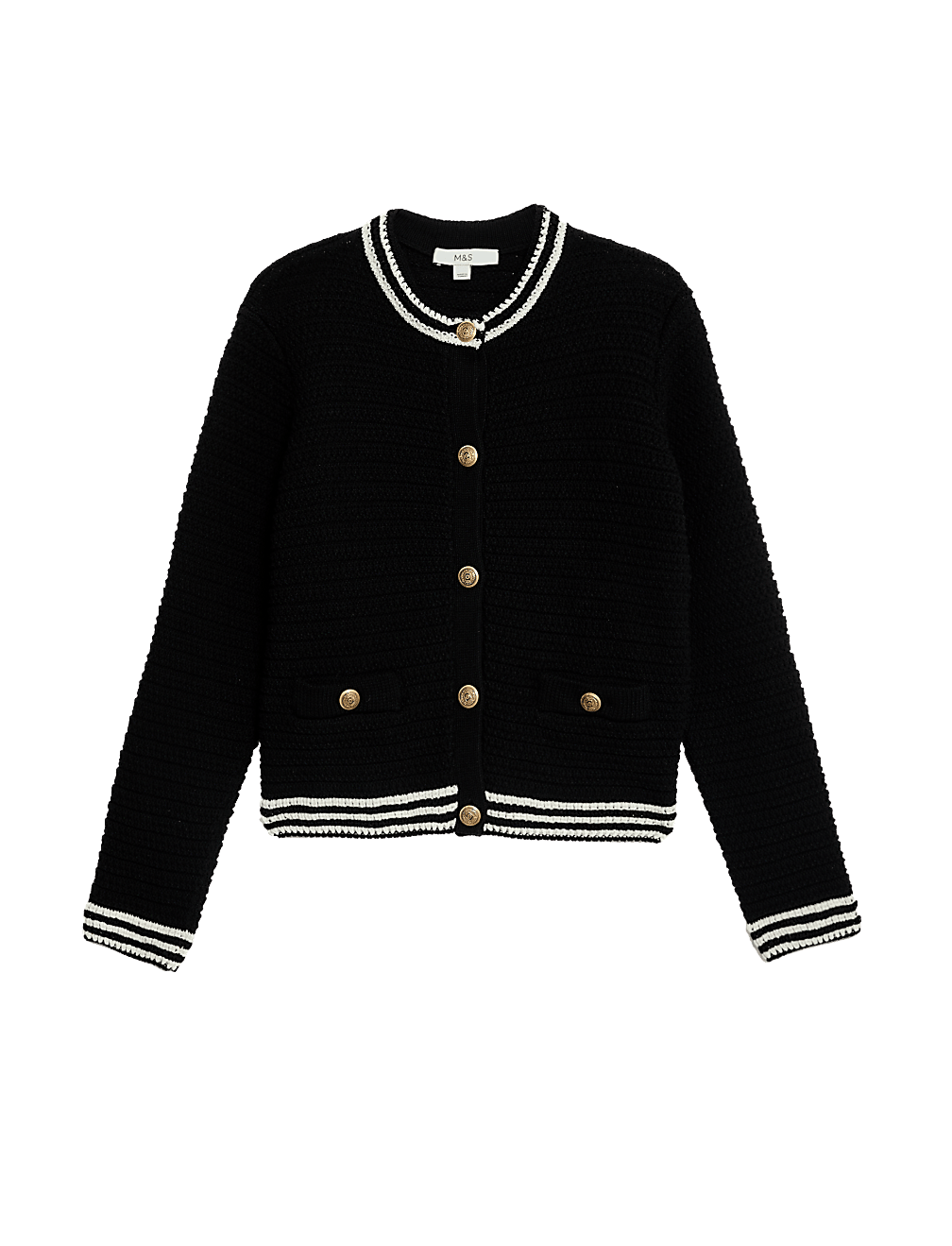 Cotton Blend Textured Crew Neck Cardigan