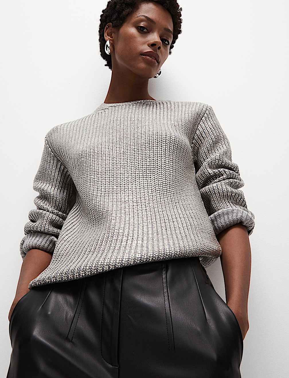 Metallic Ribbed Crew Neck Jumper