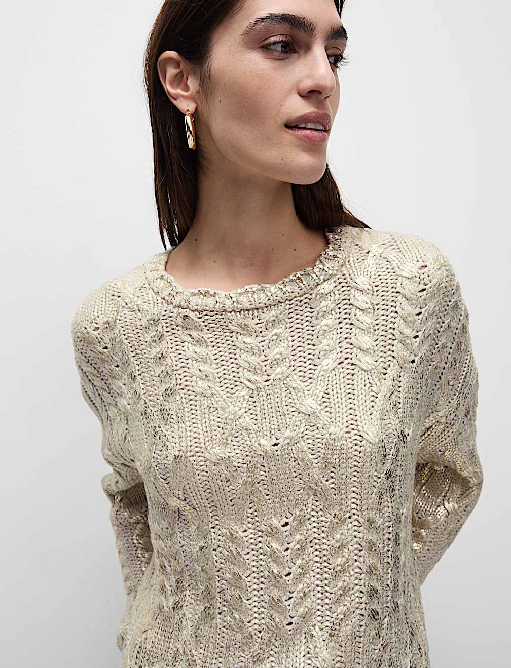 Metallic Cable Knit Crew Neck Relaxed Jumper