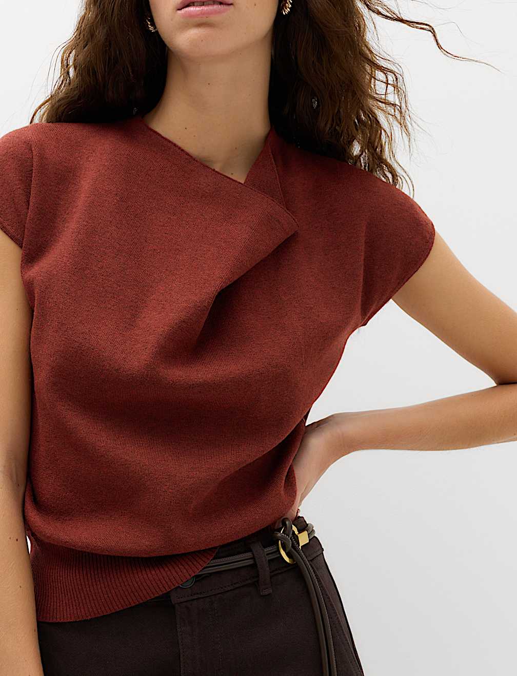 Draped Neck Knitted Top with Wool
