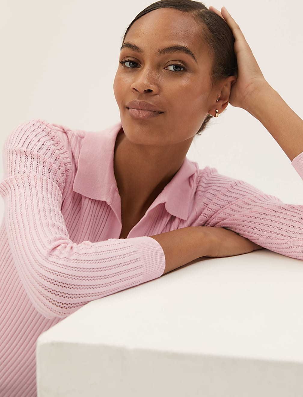 Ribbed Collared V-Neck Jumper