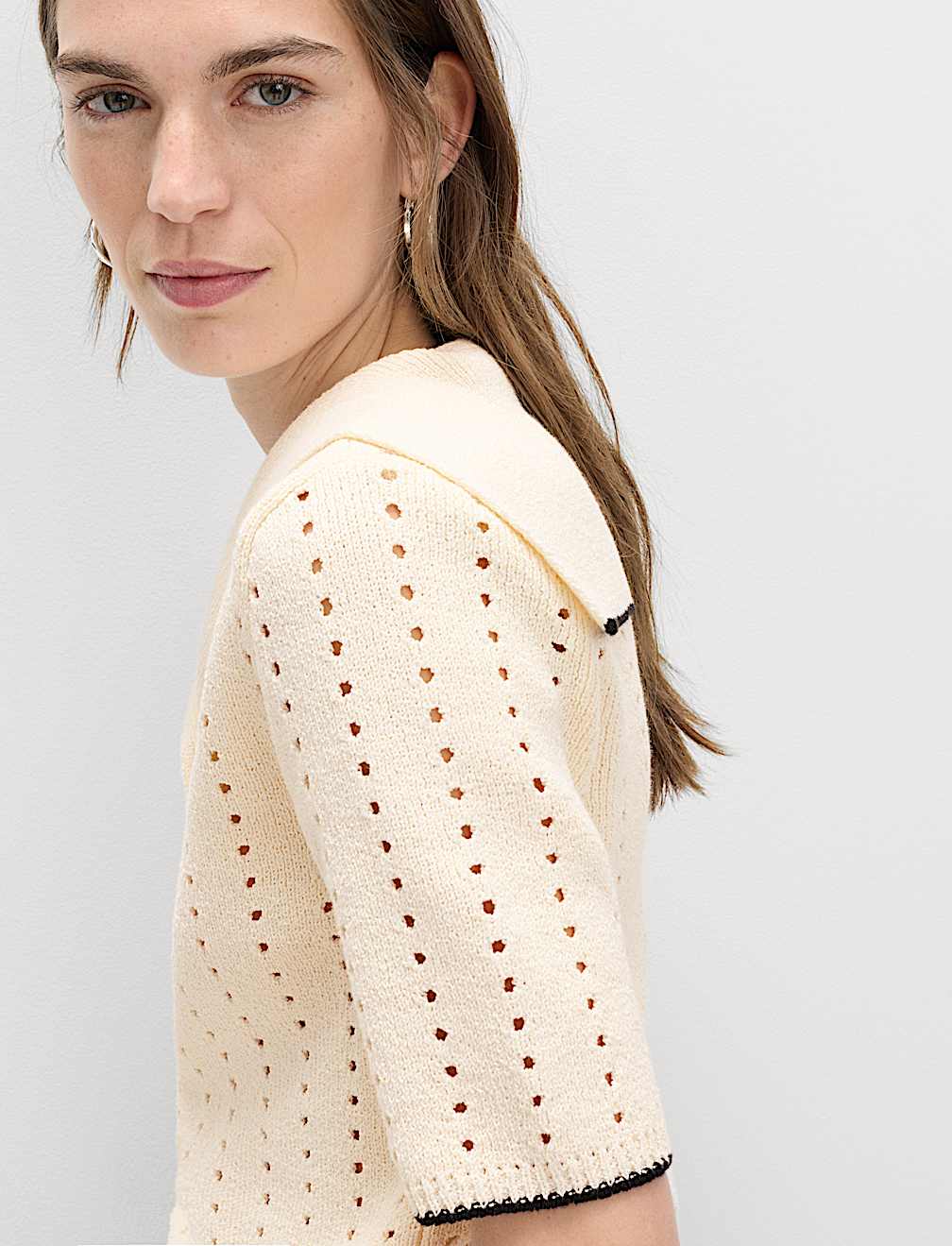 Cotton Rich Pointelle Collared Knitted Top