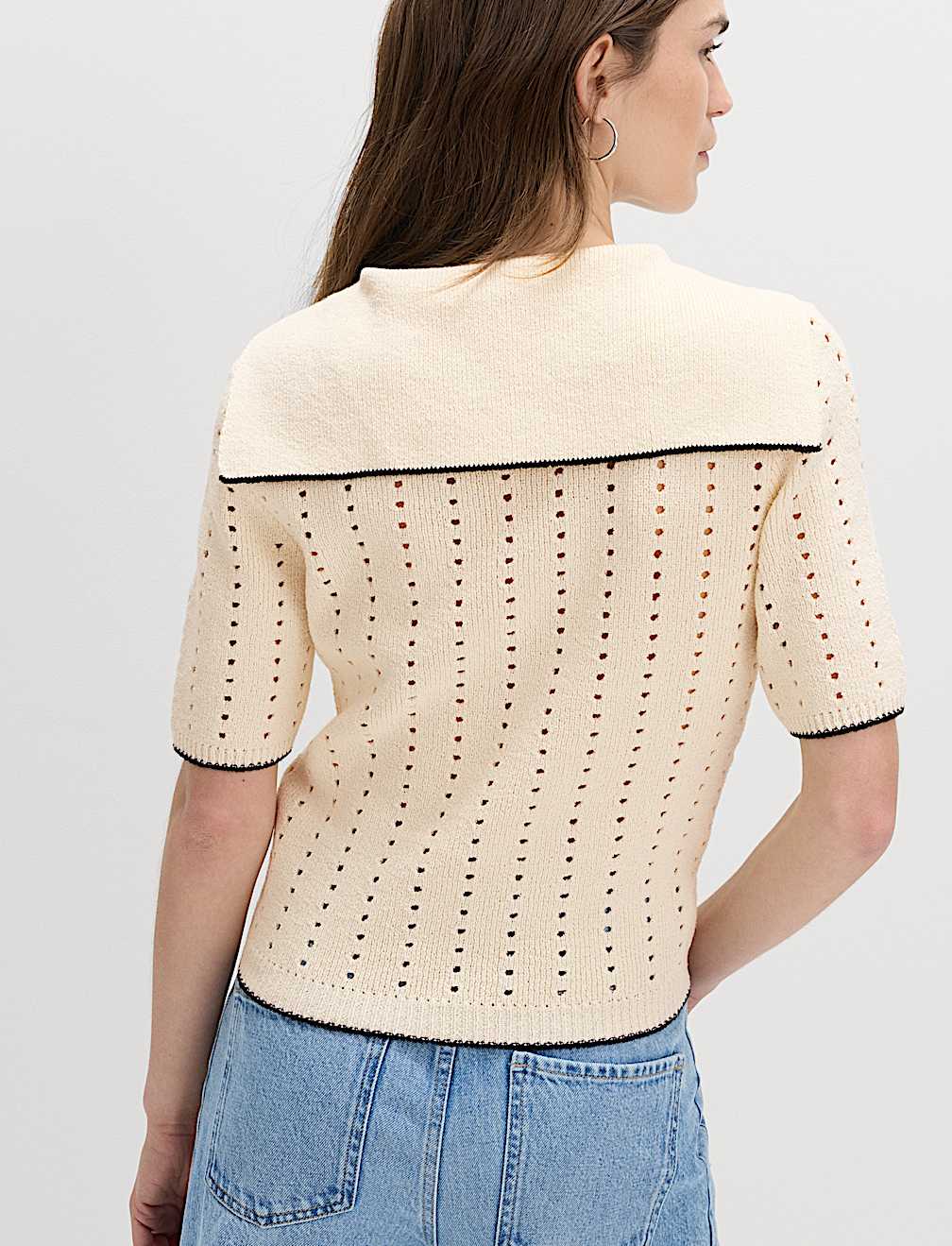 Cotton Rich Pointelle Collared Knitted Top