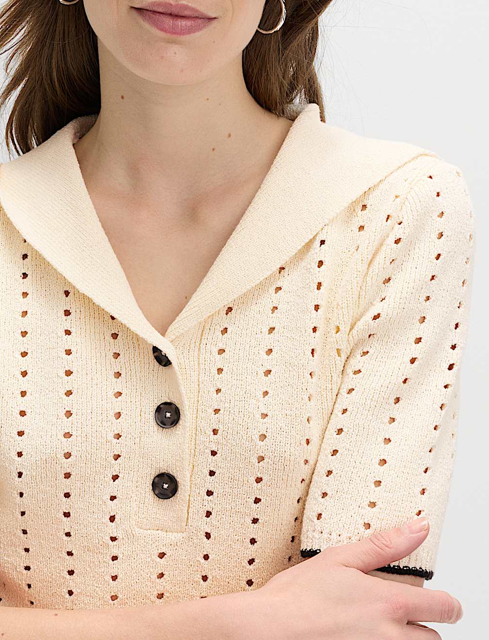 Cotton Rich Pointelle Collared Knitted Top