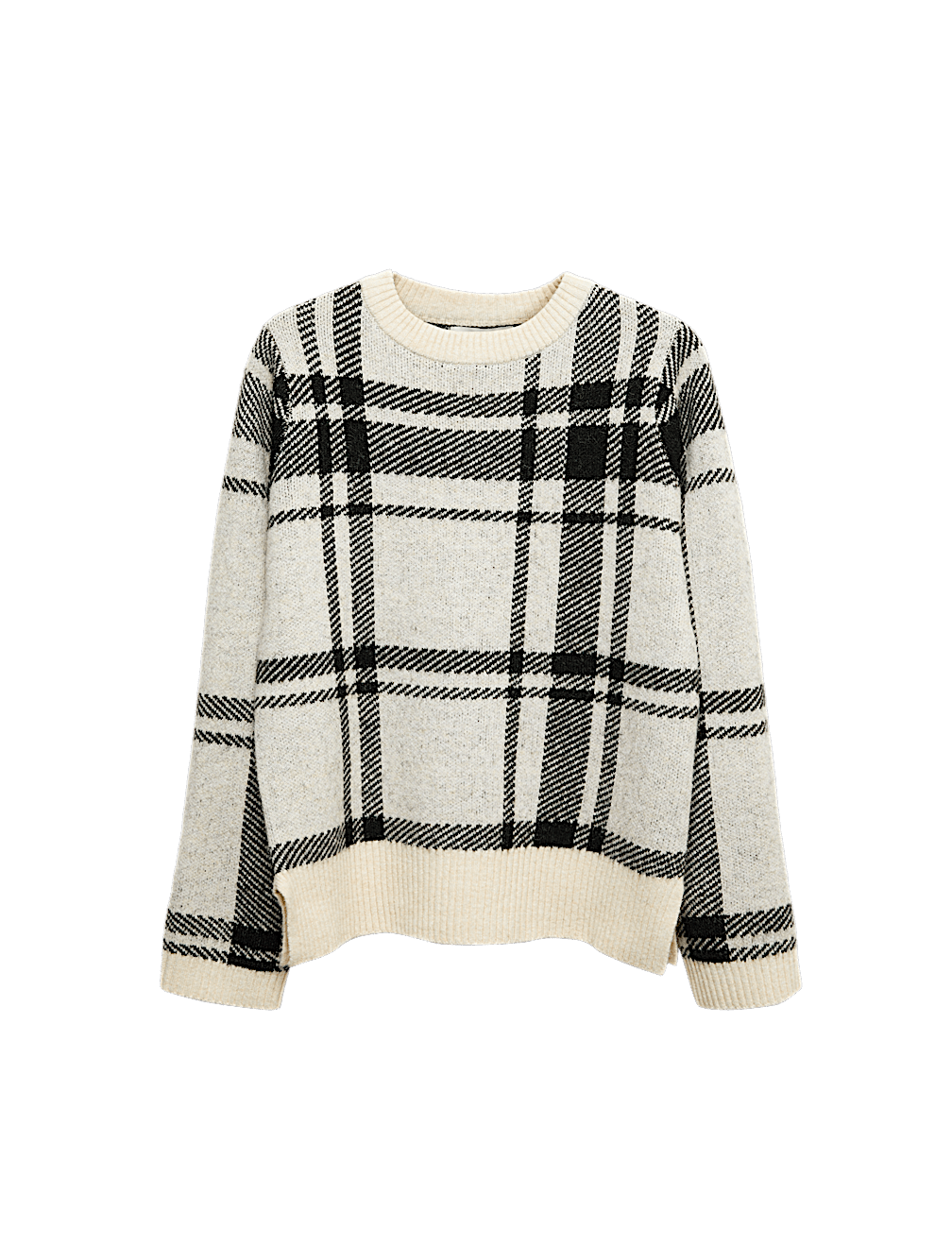 Checked Crew Neck Relaxed Fit Jumper With Wool