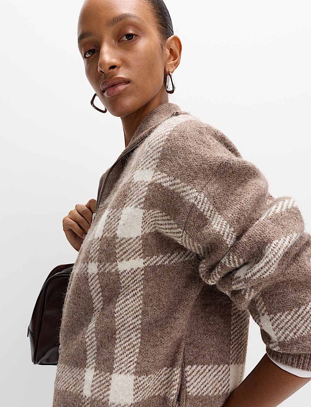 Checked Collared Zip Up Cardigan with Wool