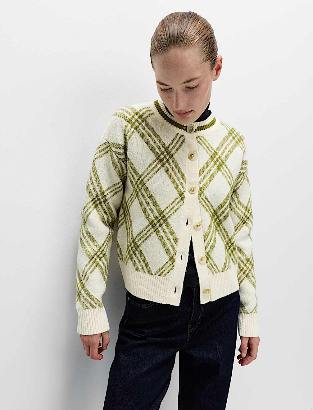 Checked Crew Neck Cardigan With Wool