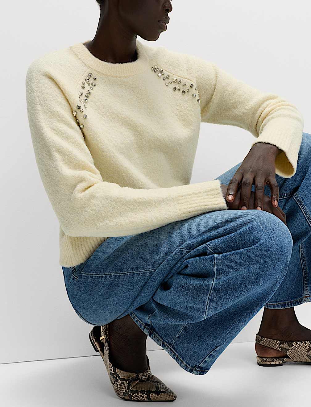 Boucle Embellished Jumper With Wool