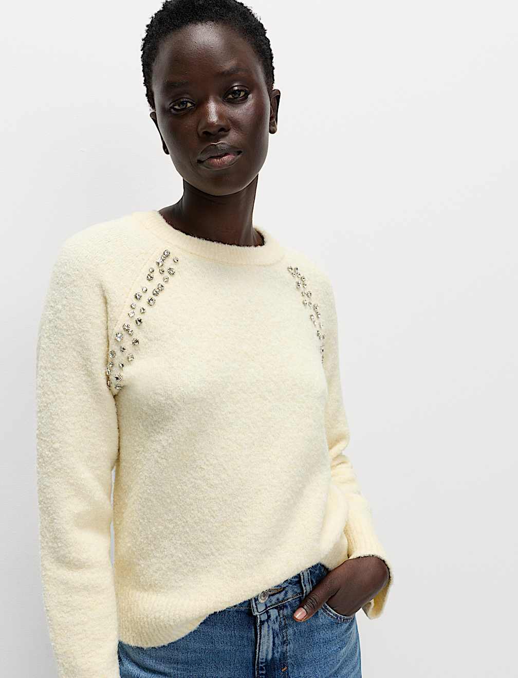 Boucle Embellished Jumper With Wool