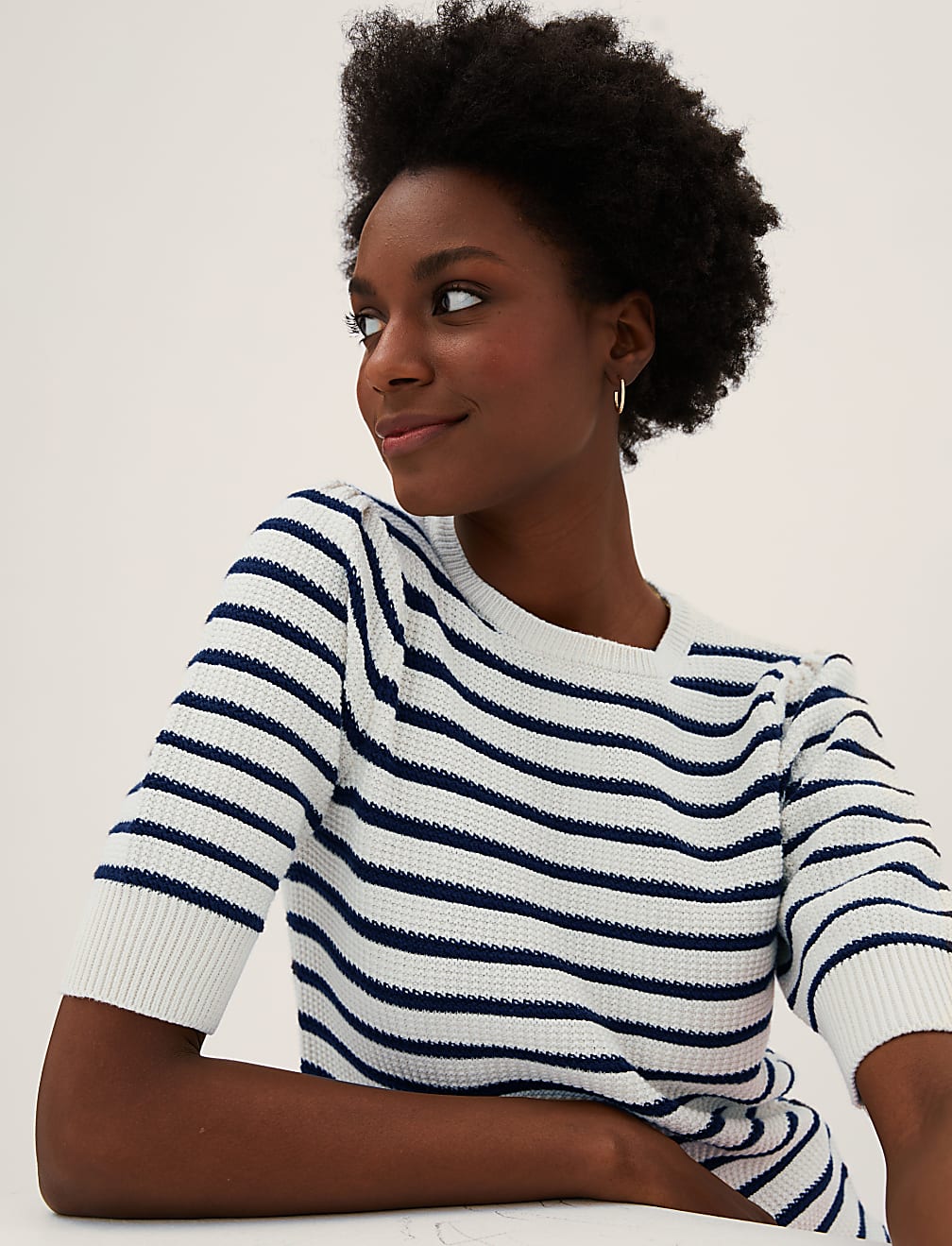 Cotton Rich Striped Puff Sleeve Knitted Top