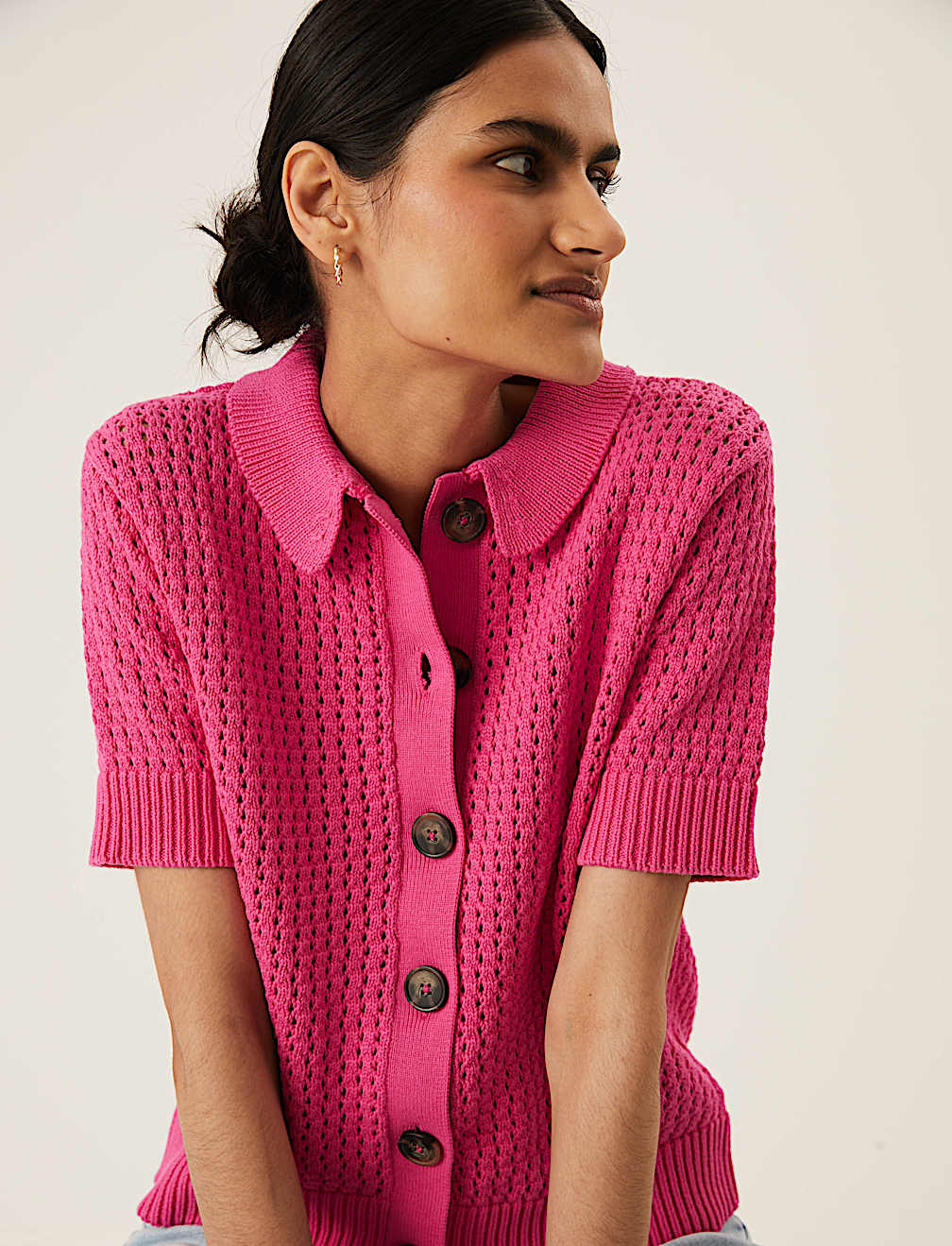 Cotton Rich Textured Collared Cardigan