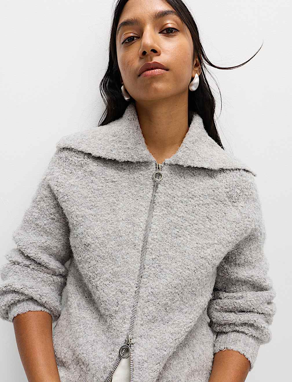 Bouclé Zip Up Collared Knitted Jacket with Wool