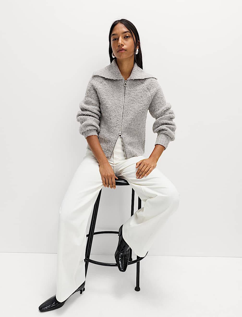 Bouclé Zip Up Collared Knitted Jacket with Wool