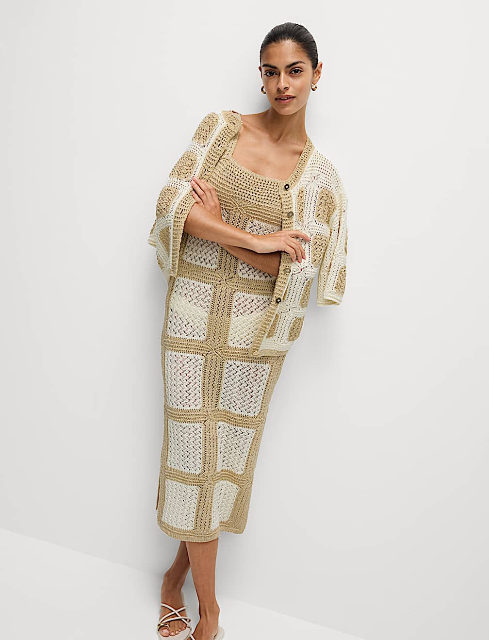 Cotton Rich Metallic Square Neck Midi Dress
