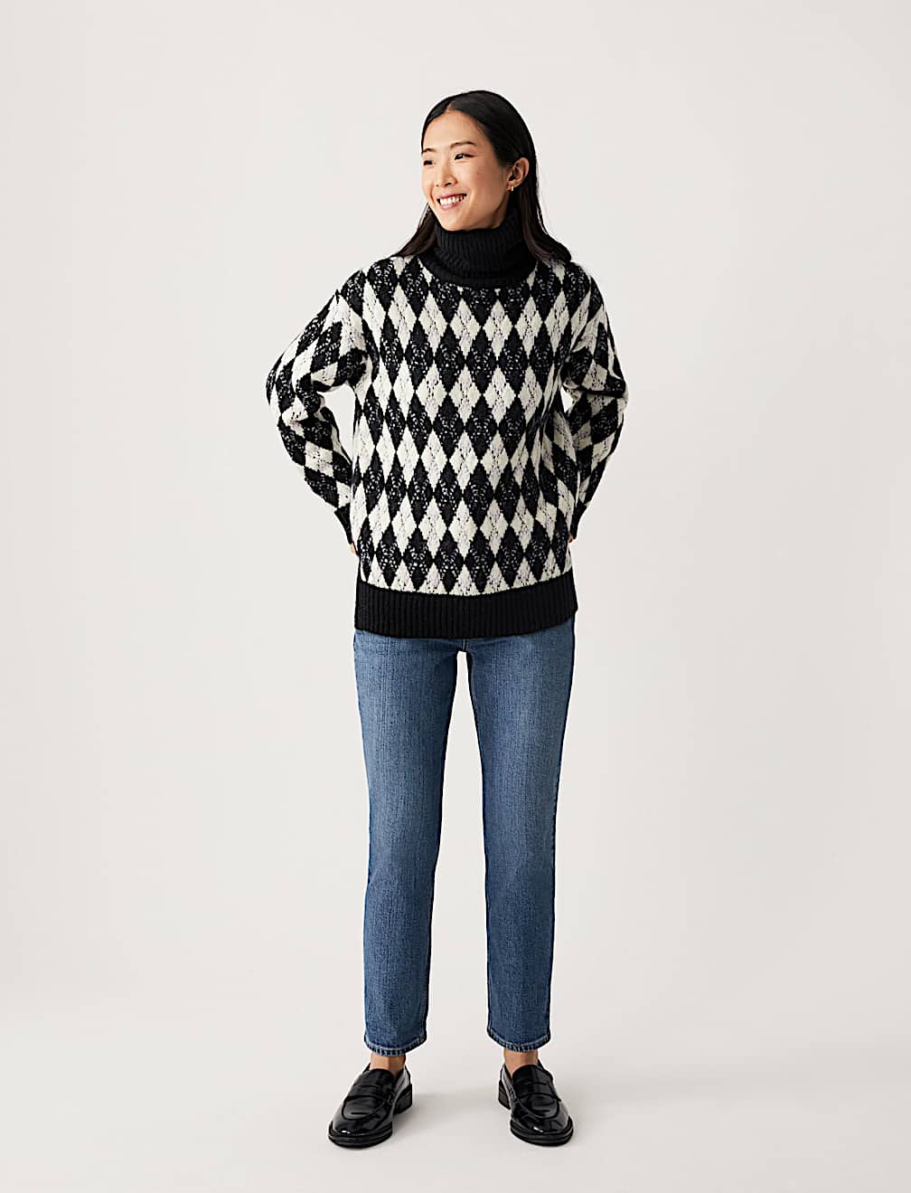 Recycled Blend Argyle Roll Neck Jumper