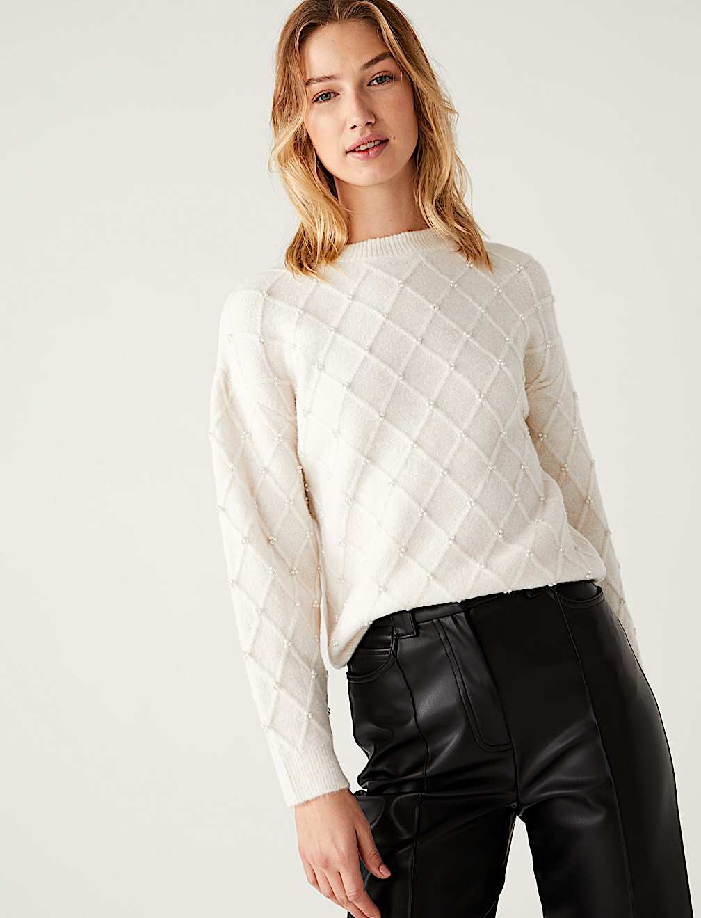 Embellished Textured Crew Neck Jumper