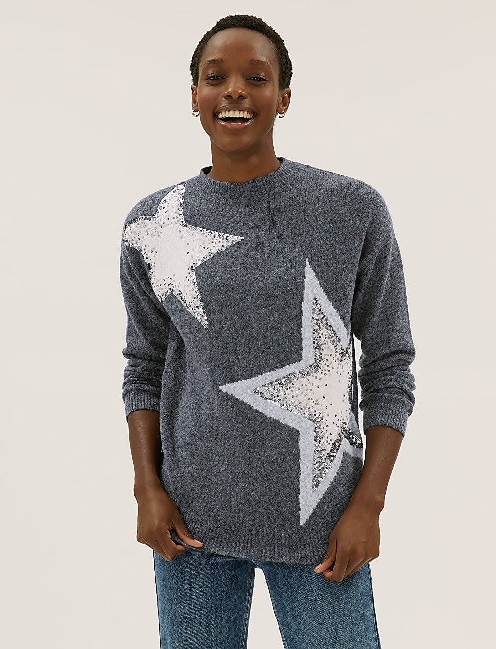 Sequin Star Crew Neck Relaxed Jumper
