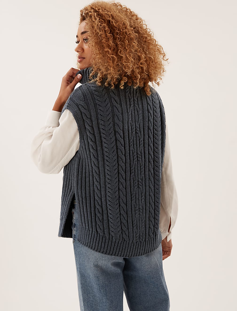 Cable Knit Roll Neck Sleeveless Jumper