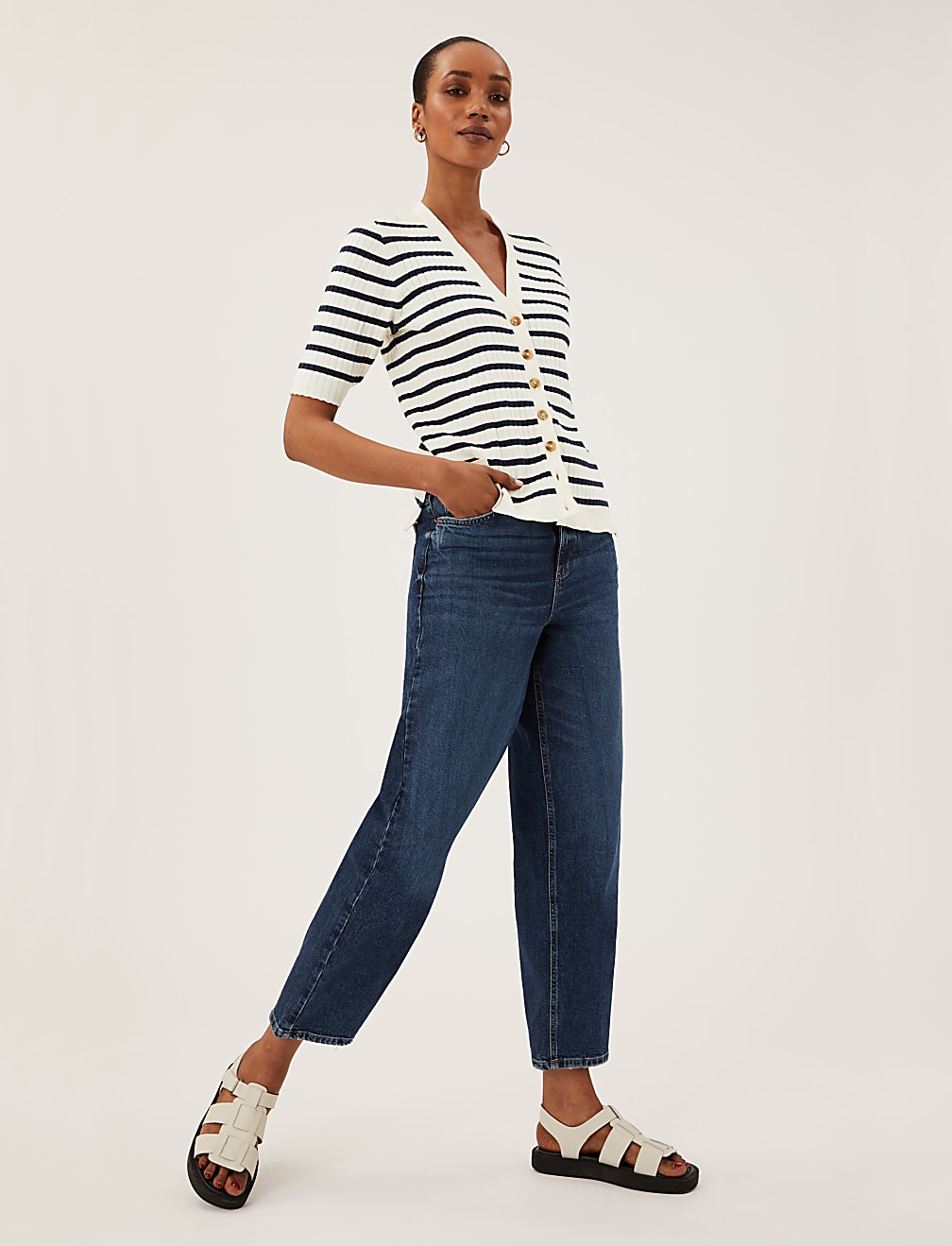 Cotton Rich Striped Ribbed V-Neck Cardigan