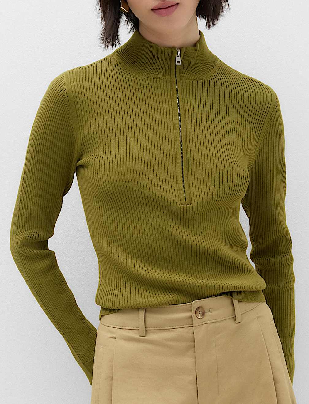 Ribbed Textured Half Zip Fitted Knitted Top