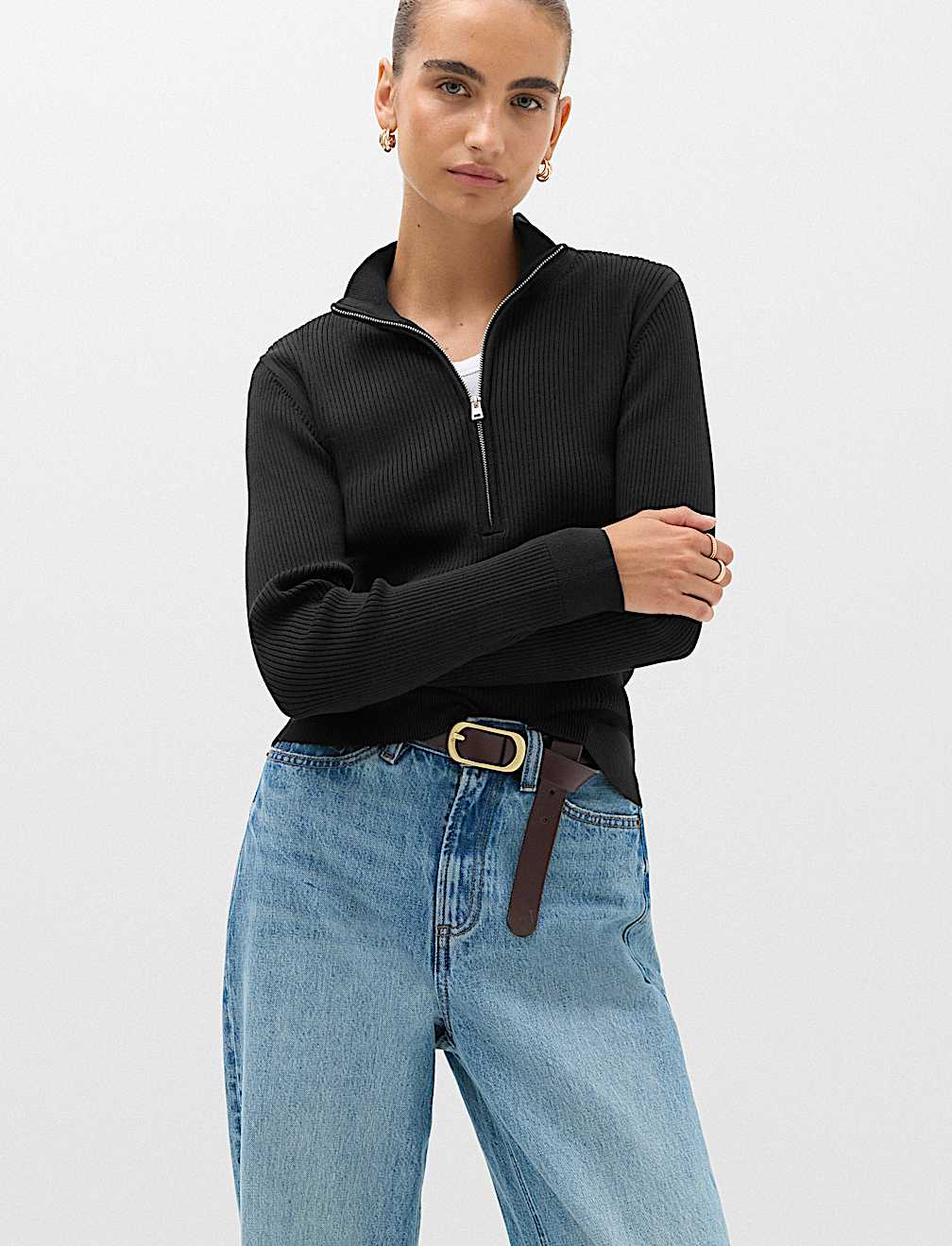 Ribbed Textured Half Zip Fitted Knitted Top