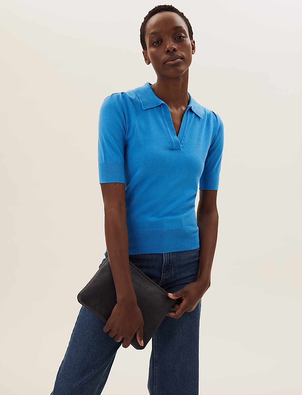 Polo Neck Short Sleeve Knitted Top