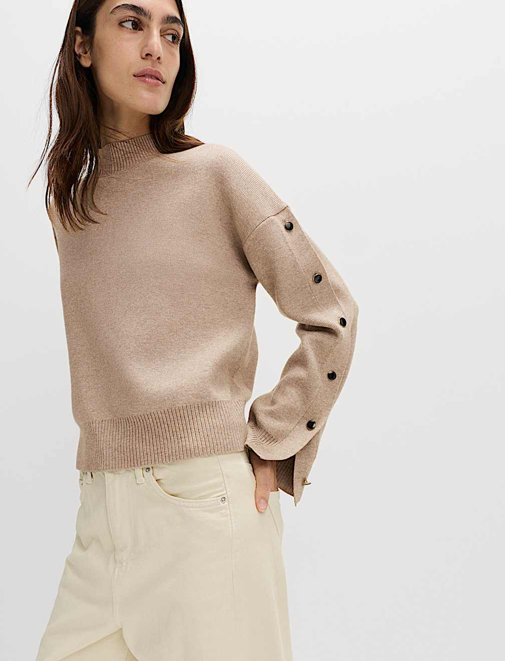 Soft Touch Funnel Neck Button Detail Jumper