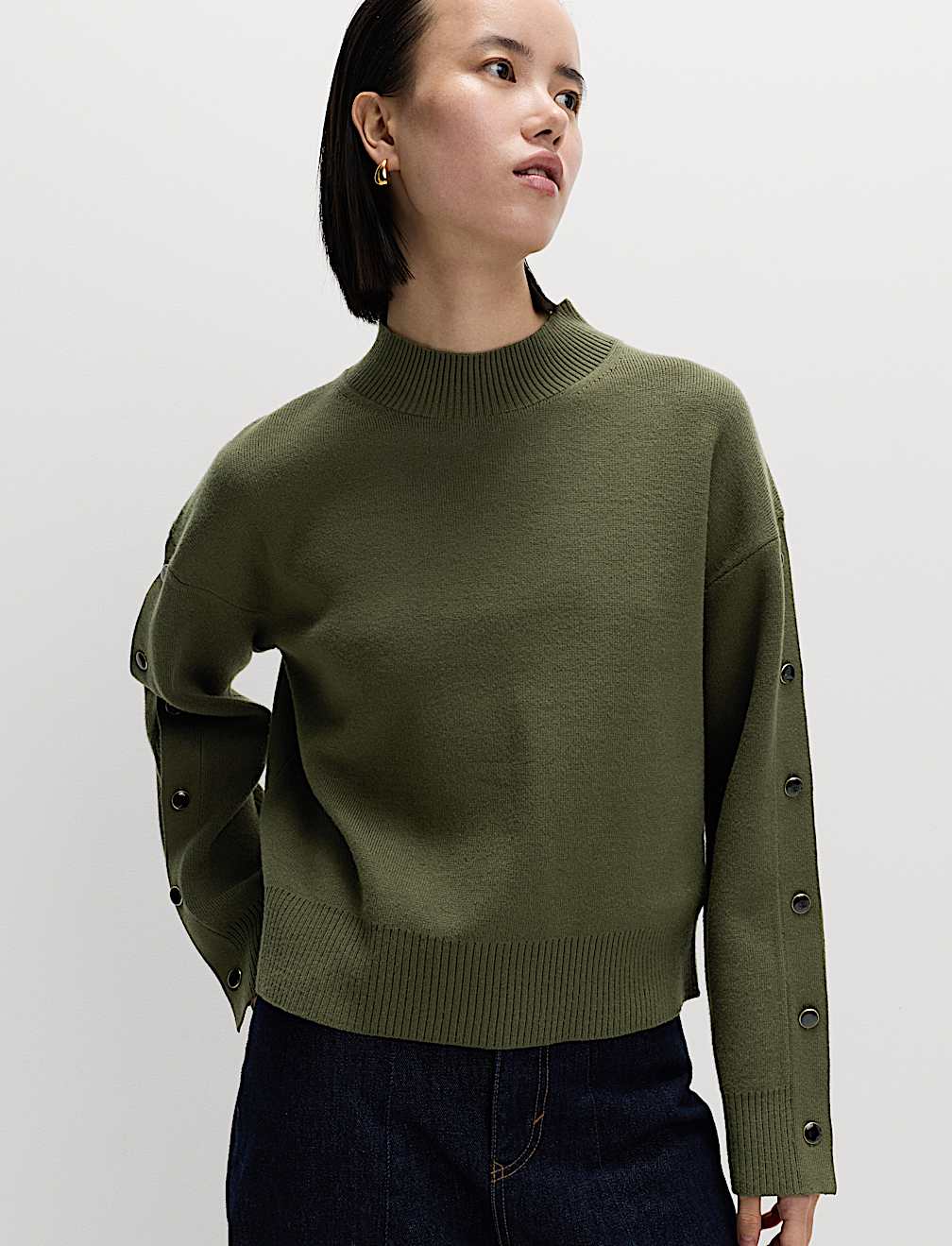 Soft Touch Funnel Neck Button Detail Jumper