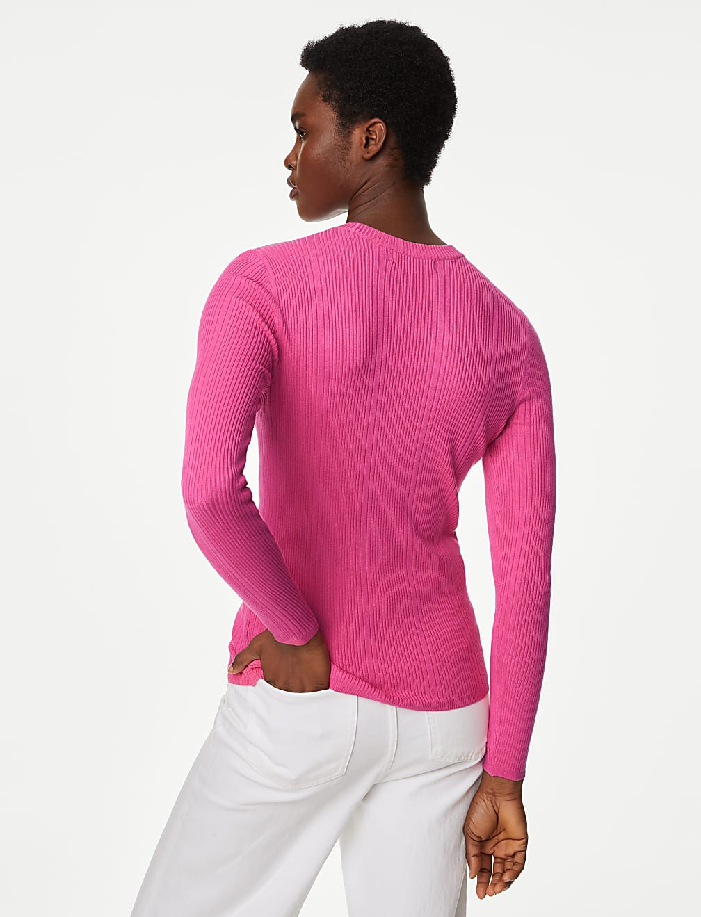 Buy Ribbed Crew Neck Fitted Knitted Top at Marks Spencer